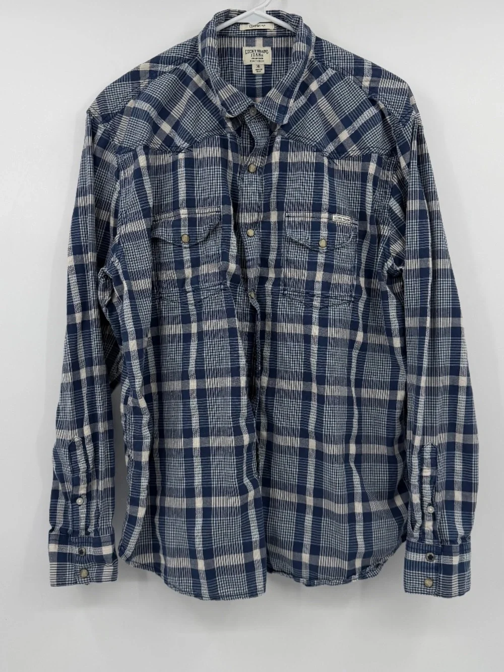 Lucky Brand Shirt Men XL Blue Pearl Snap Buttons Up Long Sleeve Western Plaid